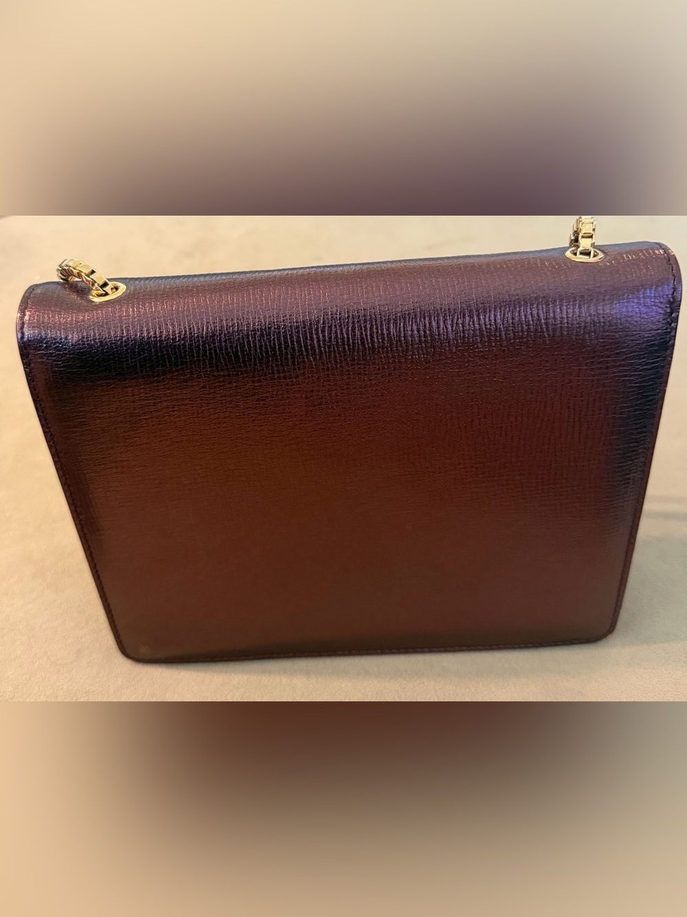 Elegant Metallic Burgundy Thalia Shoulder Bag with Gold Accent 8x6x2 - Picture 10 of 11